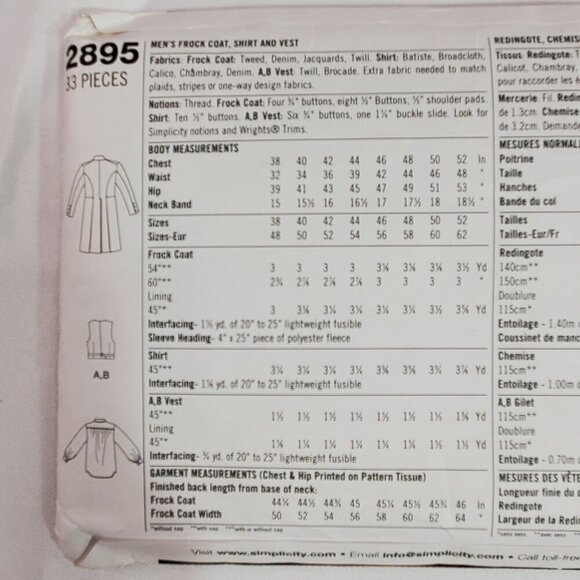 Simplicity 2895 Mens Western Frock Coat Vest Costume Sewing Size AA 38-44 UNCUT - Picture 3 of 6